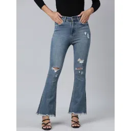 showoffff SHOWOFF Blue Denim Distressed Bootcut Mid Rise Jeans-picture-19