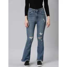 showoffff SHOWOFF Blue Denim Distressed Mid Rise Bootcut Jeans-picture-36