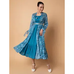 showoffff SHOWOFF Blue Printed Midi Dress With Shrug & Belt-picture-20