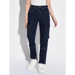 showoffff SHOWOFF Dark Blue Denim Straight Fit Mid RIse Cargo Jeans-picture-27