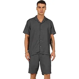 showoffff SHOWOFF Men's Grey Cuban Collar Shirt & Shorts Co-ord Set -RONG-4711_Grey-picture-22