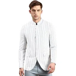 showoffff SHOWOFF Men's Striped Mandarin Collar Slim Fit Bandhgala White Blazer-SOBLZ-79-6_White-picture-13