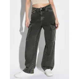 showoffff SHOWOFF Olive Denim Straight Fit Mid RIse Cargo Jeans-picture-37