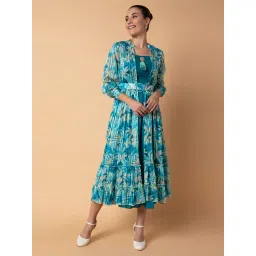 showoffff SHOWOFF Turquoise Printed Midi Dress With Shrug & Belt-picture-24