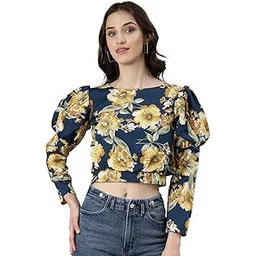 showoffff SHOWOFF Women's Floral Puff Sleeves Teal Blouson Crop Top-AE-10755_Teal-picture-11