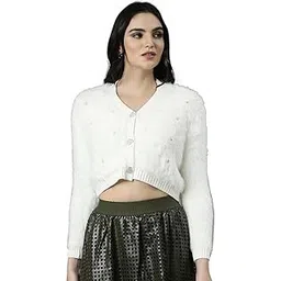 showoffff SHOWOFF Women's Solid V-Neck Crop Cream Embellished Cardigan-CHN-5249_Cream-picture-12