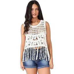 showoffff SHOWOFF Women's Solid White Round Neck Crochet Crop Top-CHN-588_White-picture-32
