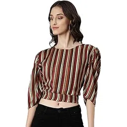 showoffff SHOWOFF Women's Vertical Stripes Puff Sleeves Brown Styled Back Crop Top-AE-10683_Brown-picture-30
