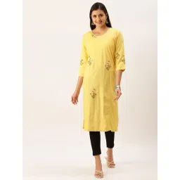 showoffff SHOWOFF Yellow Cotton Embroidered Calf Length Straight Kurta-picture-13
