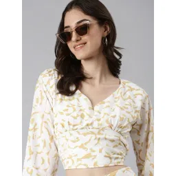 SHOWOFFFF White & Yellow Georgette Printed Crop Top With Pants-picture-25