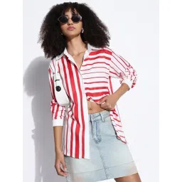 SHOWOFFFF White Cotton Relaxed Fit Striped Shirt-picture-18