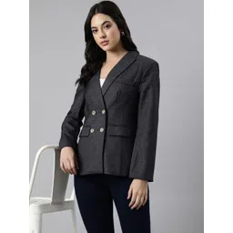 showoffff Women Self Design Double Breasted Casual Blazer-picture-22
