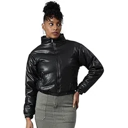 showoffff Women's Long Sleeves Solid Mock Collar Black Puffer Jacket-DL-016_Black-picture-18