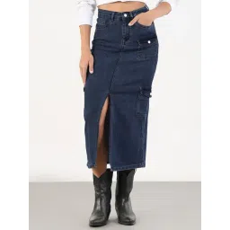 SHOWOFFFF Women's Navy Blue Denim Cargo Skirt with Front Slit-picture-47