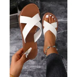 Shozie Women White & Beige Solid Synthetic Open Toe Flats-picture-40