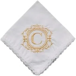 Shree adodhya women hankerchief with beautiful alphabet C embroidery, white colour and cotton handkerchief with embroidery colour golden. set of 2.-picture-24