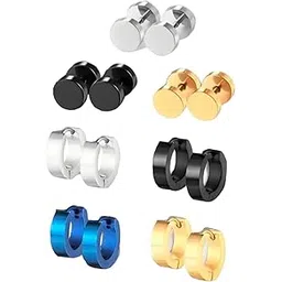 ™ Trendy Silver Black Blue Golden Huggie Hinged Hoop & Round Barbell Dumbbell Screw Back Piercing Studs Earrings Stainless Steel Bali Combo For Men Women Boys Girls Unisex (Pack of 7 Sets)-image-45
