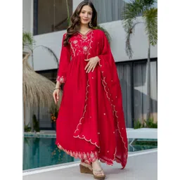 SHREE KHODAL FASHION Women Ethnic Motifs Embroidered Empire Thread Work Chanderi Silk Kurta with Trousers &-picture-26