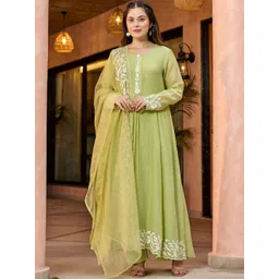 SHREE KHODAL FASHION Women Ethnic Motifs Embroidered Panelled Thread Work Chanderi Silk Kurta with Trousers-picture-21