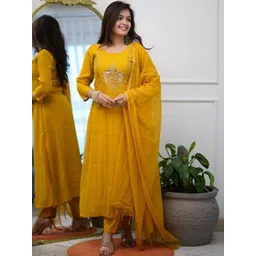 SHREE KHODAL FASHION Women Ethnic Motifs Embroidered Regular Sequinned Chanderi Silk Kurta with Trousers &-picture-19