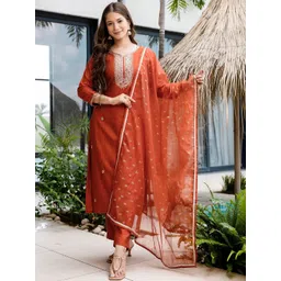 SHREE KHODAL FASHION Women Ethnic Motifs Embroidered Regular Sequinned Kurta with Trousers & With Dupatta-picture-16