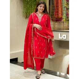 SHREE KHODAL FASHION Women Ethnic Motifs Embroidered Regular Thread Work Chanderi Silk Kurta with Pyjamas &-picture-11