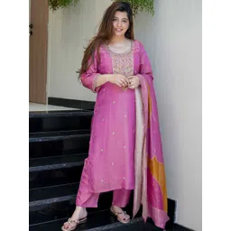 SHREE KHODAL FASHION Women Ethnic Motifs Embroidered Regular Thread Work Chanderi Silk Kurta with Trousers &-picture-16