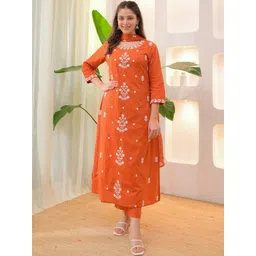 SHREE KHODAL FASHION Women Ethnic Motifs Embroidered Regular Thread Work Chanderi Silk Kurta with Trousers &-picture-41