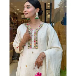 SHREE KHODAL FASHION Women Ethnic Motifs Embroidered Regular Thread Work Chanderi Silk Kurta with Trousers &-picture-20