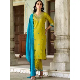 SHREE KHODAL FASHION Women Ethnic Motifs Embroidered Regular Thread Work Chanderi Silk Kurta with Trousers & image 1