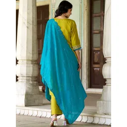 SHREE KHODAL FASHION Women Ethnic Motifs Embroidered Regular Thread Work Chanderi Silk Kurta with Trousers & image 5