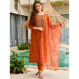 SHREE KHODAL FASHION Women Ethnic Motifs Embroidered Regular Thread Work Kurta with Trousers & With Dupatta-picture-14