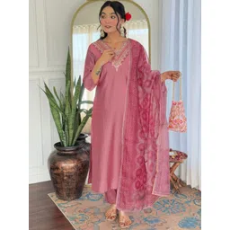 SHREE KHODAL FASHION Women Ethnic Motifs Embroidered V-Neck Kurta with Trousers & Dupatta-picture-25