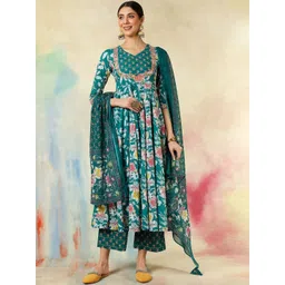 SHREE KHODAL FASHION Women Floral Printed Panelled Mirror Work Kurta with Trousers & With Dupatta-image-28