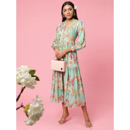 Shree Floral Print V-Neck Cuffed Sleeves Layered Liva Fit & Flare Maxi Dress-picture-35