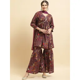 Shree Floral Printed V-Neck Empire Gotta Patti A-Line Kurta With Sharara & Dupatta-picture-39