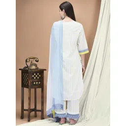 Shree Striped V-Neck Pleated Cotton A-Line Kurta With Trouser And Dupatta image 5