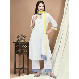 Shree Striped V-Neck Pleated Cotton A-Line Kurta With Trouser And Dupatta image 1