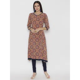 Shree Women Beige & Navy Rayon Printed Asymmetrical Hem A-Line Kurta-picture-21
