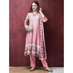 Shree Women Floral Printed Pleated Liva Kurta with Trousers & With Dupatta-picture-16