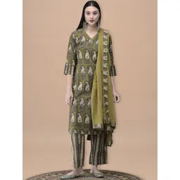 Shree Women Paisley Printed V neck Regular Pure Cotton Kurta with Trousers & Dupatta-picture-41