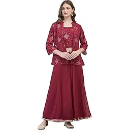 shree the indian avatar Shree Women Georgette Pink Embroidered Crop Top Jacket Flared Split Pant-picture-24