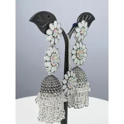 shreeji jewels Ghungroo Beaded & Stones Studded Oxidised Dome Shaped Jhumkas & Maang Tika-picture-13