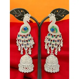shreeji jewels Silver Plated Artificial Stones Studded And Ghungroo Beaded Dome Jhumkas-picture-29