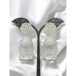 shreeji jewels Silver-Plated Artificial Stones Studded And Ghungroo Beaded Dome Jhumkas-picture-25