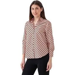 shrenika galiyara Diagonal Stripe Shirt Features a Spread Collar, Button-Down Placket, 3/4 Sleeves with Wide Cuffs, V-Neck and a Curved Bottom Hemline.-picture-18