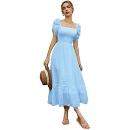 shreyam Girl's & Women's Solid A-Line Ruched Puff Sleeve Maxi Long Evening One Piece Long Dress for Women Stylish-picture-10