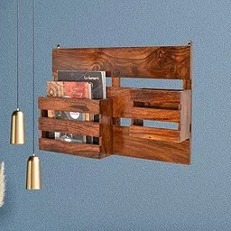 SHRI MINTU'S ART Sheesham Wood Magzine Holder for Living Room | Wooden Wall Mounted Newspaper Stand & Letter Stand for Home & Office | Rosewood, Brown Finish-image-1