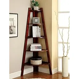 Wooden Corner Bookshelf for Living Room | Book Shelf 5 Tier Ladder Book Cabinet Corner Shelf, Bookshelf for Home Decor | Solid Wood Sheesham, Brown-image-0