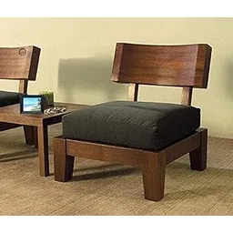 Wooden Single Seater Sofa | 1 Seater Low Height Sofa Chair with Grey Cushion | Solid Wood Sheesham, Honey Finish-image-7